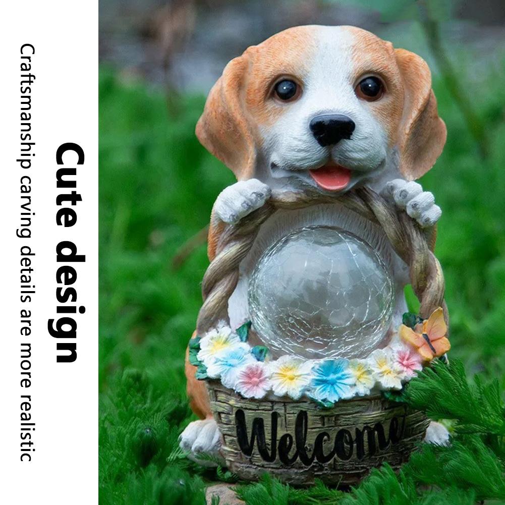 Słoneczne Dekoracje Ogrodowe Zewnętrzne Statuetki Psów Lampki, Uroczy Pies Wiaderko Powitalne Na Werandę Stojący, Na Taras Balkon Podwórko Ozdoby Dekoracje