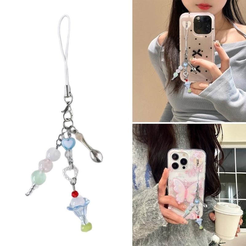 Sweet Phone Chain Strap Lanyard Ice Cream Bead Pendant Phone Charm Hangings Decoration Cute Phone Accessories
