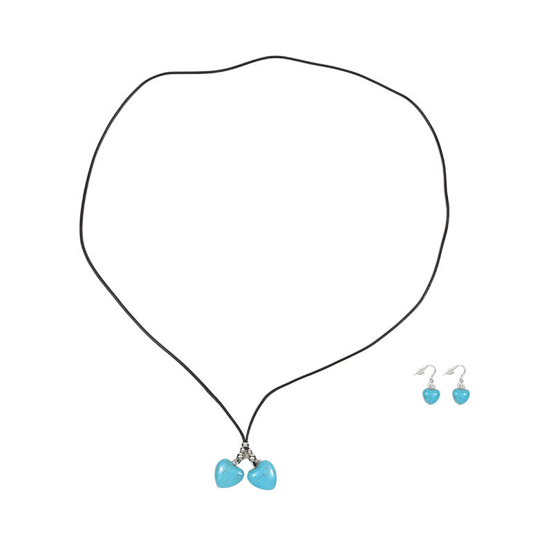Women Fashion Stone Pendant Necklace Earrings Set Charming Love Round Shape Pendant Necklace