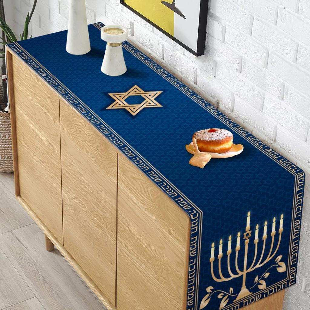 Hanukkah Table Runner Chanukah Menorah Star of David Je Festival Holiday Party Kitchen Dining Home Decoration (13" x 72")