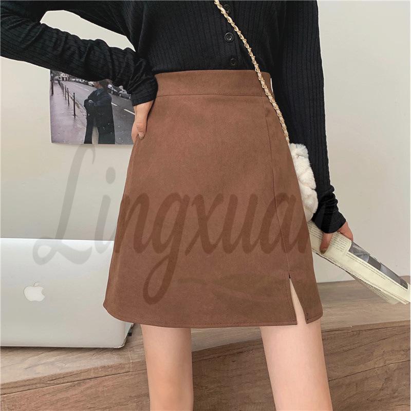 

Vintage Plus Size Korean Style A-line Mini Skirt - High Waist, Subtle Brushed, Autumn Chic S