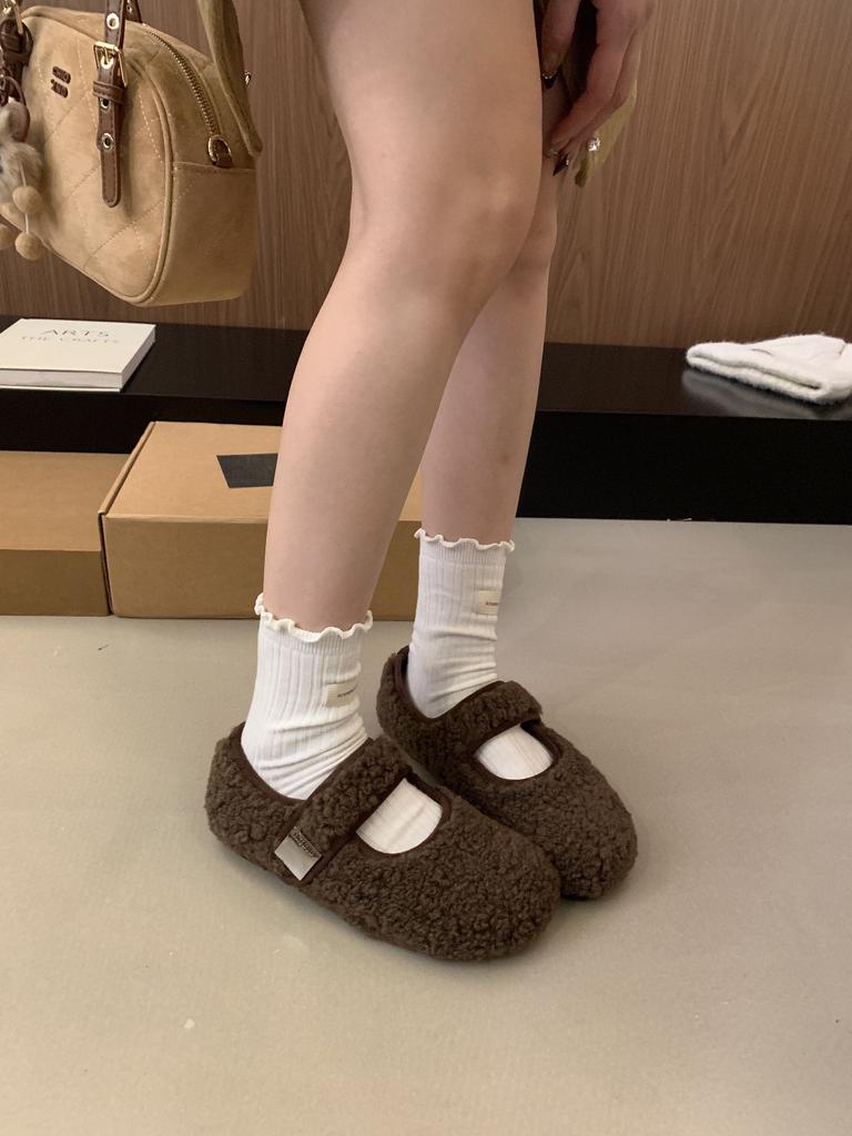 One-word Mary Jane fluffy shoes, winter outer wear velvet warm single shoes, thick-soled gray Birkenstocks