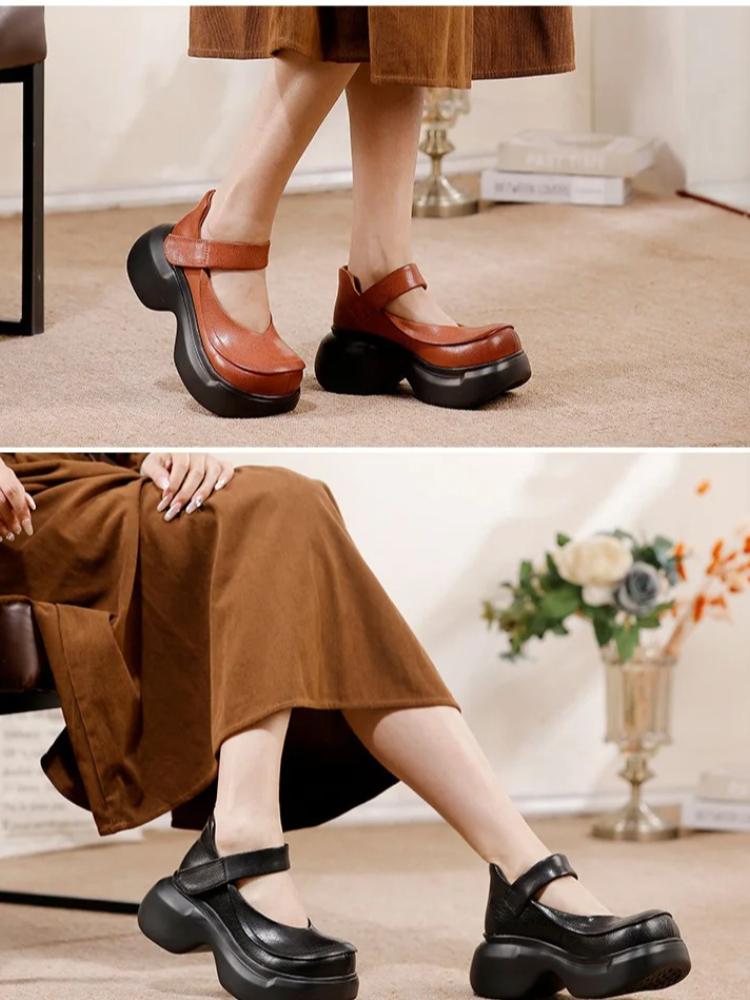 Johnature Plateau-Pumps Retro Echtes Leder Runde Spitze Vielseitige Damen-Plateauschuh