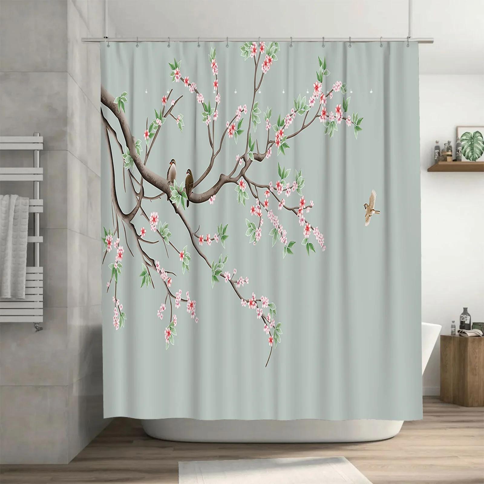Cherry Blossom Branch Waterproof Shower Curtain Heat Resistant Machine Washable Non-Transparent 180x180cm W90xH180cm