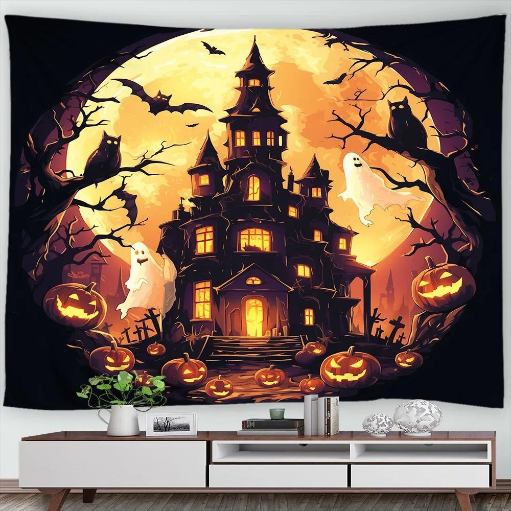 Halloween Decorative Tapestry Pumpkin Lantern Wall Hanging Full Moon Gothic Castle Ghost Bat Tapestry Home Room Decoration