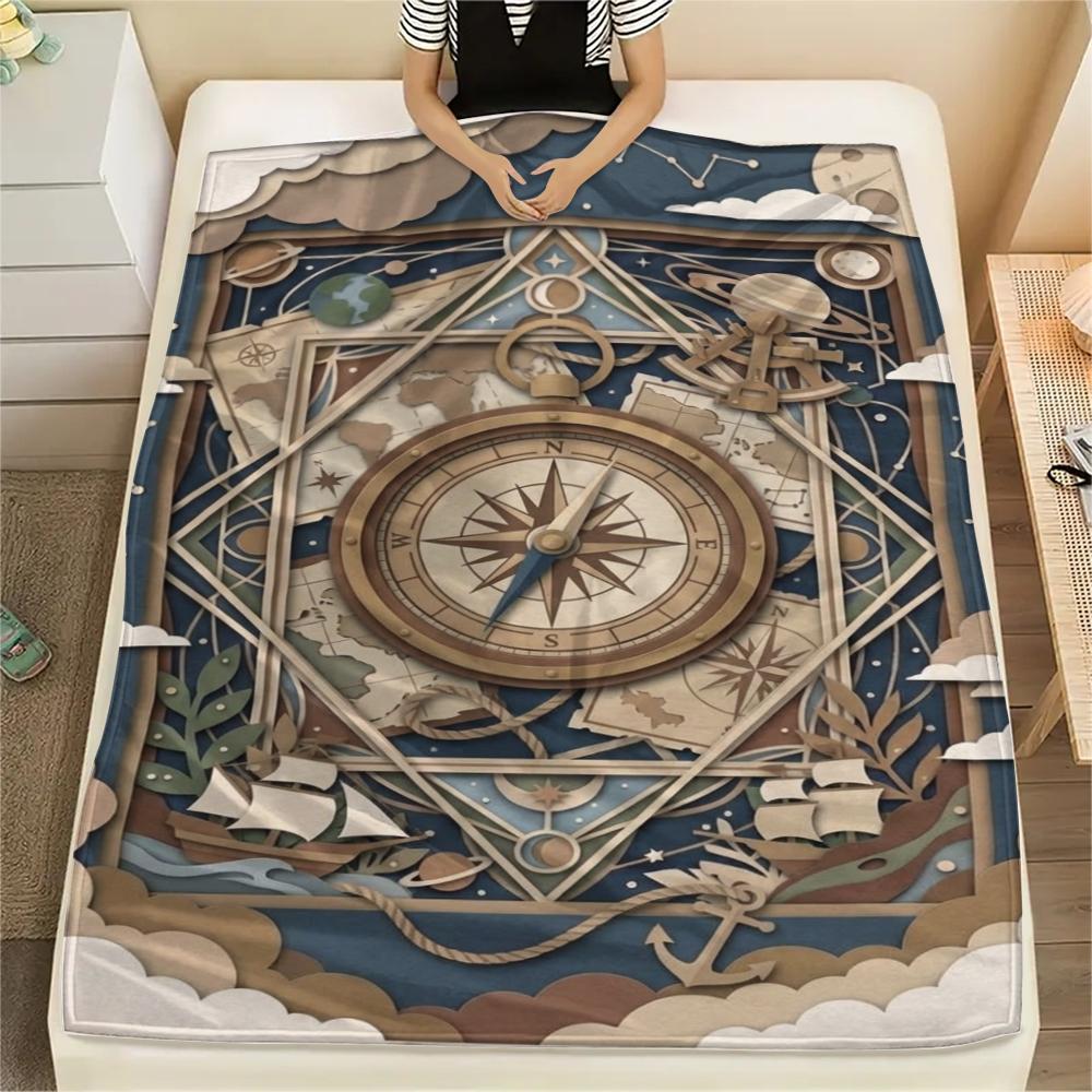 1Pc Compass Print Flannel Blanket, High Quality Comfortable for All Seasons, Home Decor, Warmth and Comfort, Perfect for Christmas Gifts W168
