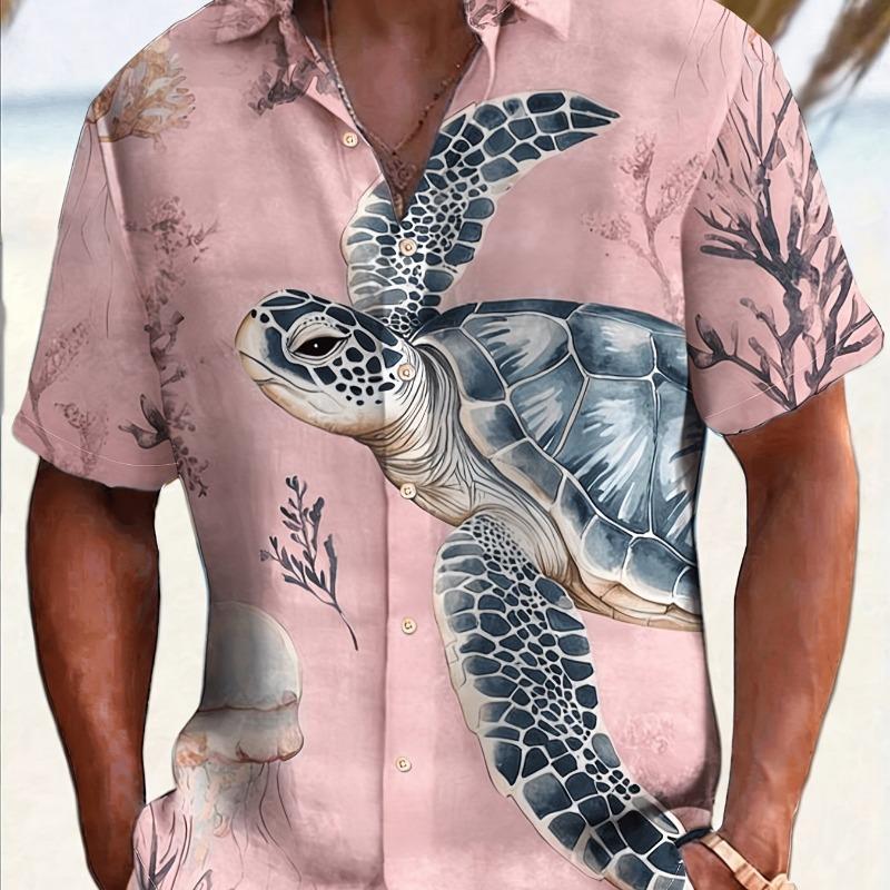 Men's Simple Hawaiian Print Button-Down Shirt -, Summer Vacation and Resort Wear