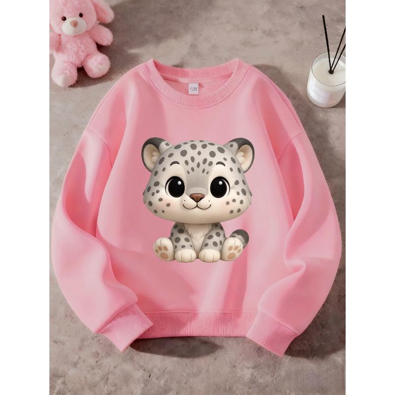 Kids Unisex Pink Crewneck Sweatshirt, Cute Cartoon Snow Leopard Print Long Sleeve Pullover, Soft Casual Sweatshirt for Boys Girls Over 4 Years Old