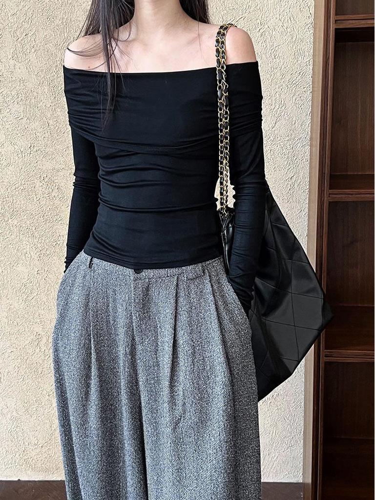 Luxi Pure Desire Hot Girl Off-Shoulder Slim-Fit Langarm-T-Shirt