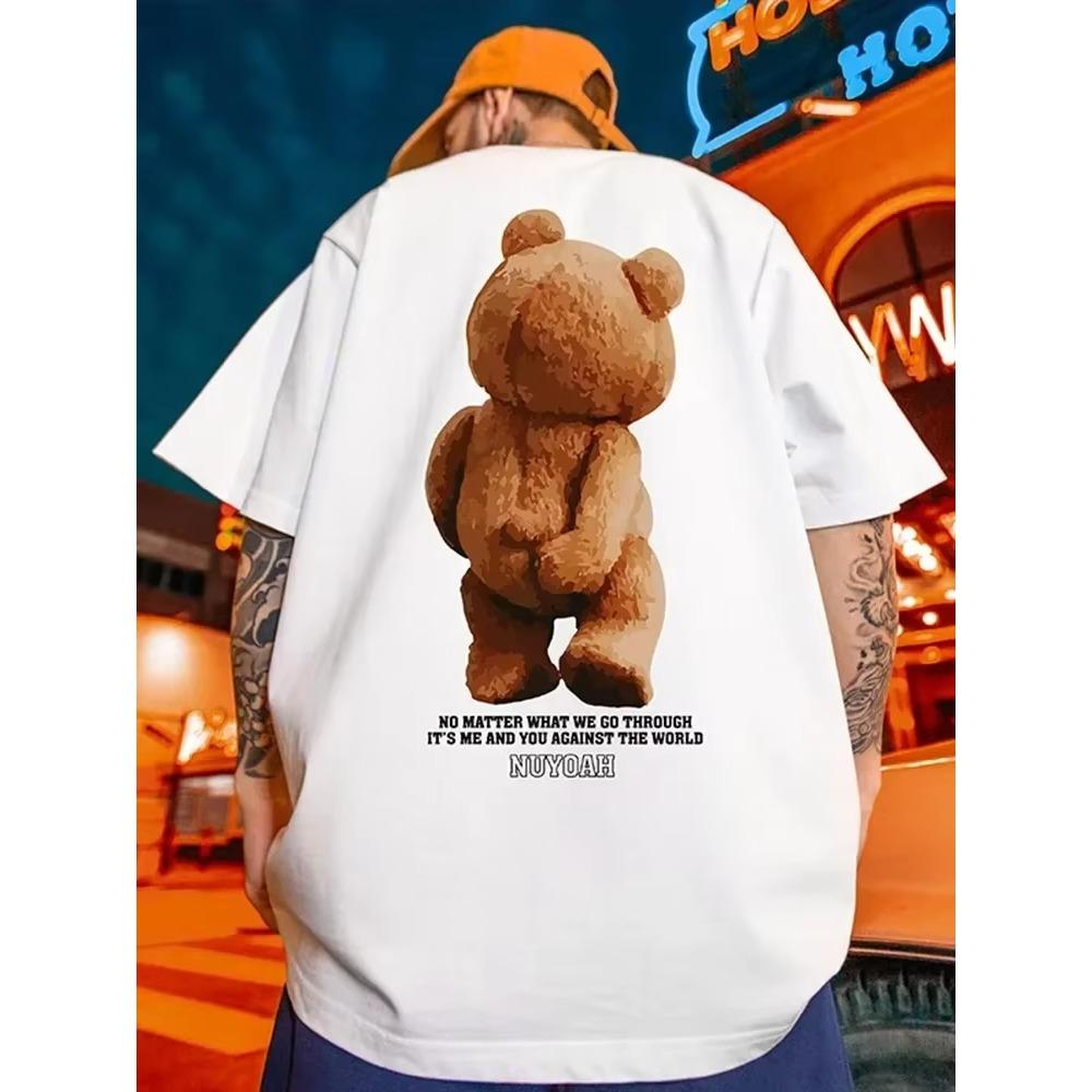 New Spoof Fun Bear Pattern Print Short Sleeved Men Oversized Cotton T-shirt Summer Casual Women Round Neck Tops Men's Clothing
