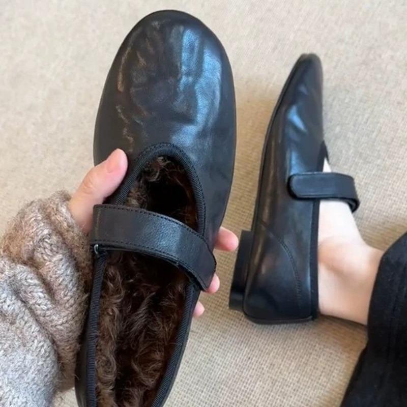 Cowhide version~ retro versatile flat-bottomed comfortable velvet Velcro with Mary Jane shoes women's autumn and winter single shoes