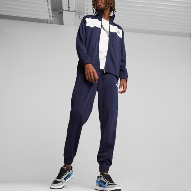 Puma Poly Suit Color Block Stand Collar Zip Top And Cuffed Pants Fleece Casual Sports Set Men suit Navy-Blue 678477-06