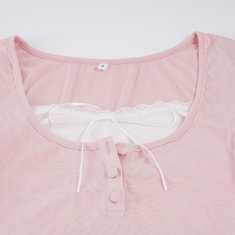 Korean Sweet Style Lace-Trim Two-Piece Long-Sleeve T-Shirt with Bowknot