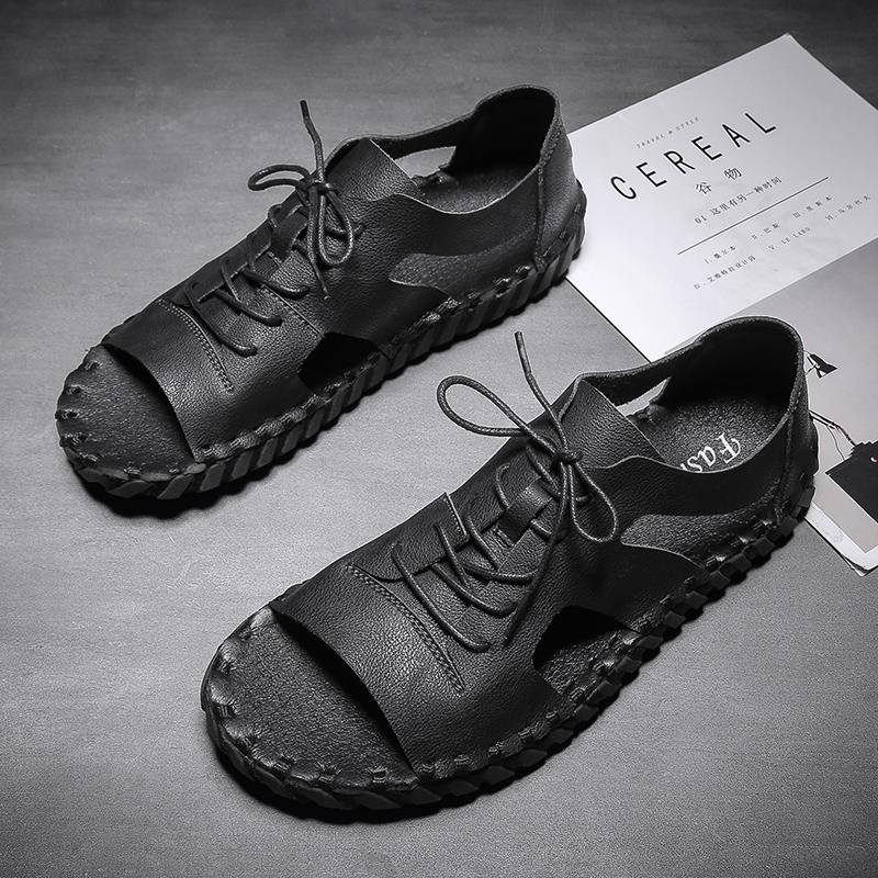 Fashion Summer Hot Selling Men's Leather Casual Shoes Hollowed Out Cool Daily Flat Shoes Men's Beach Sandals Lace Up Handmade Soles
