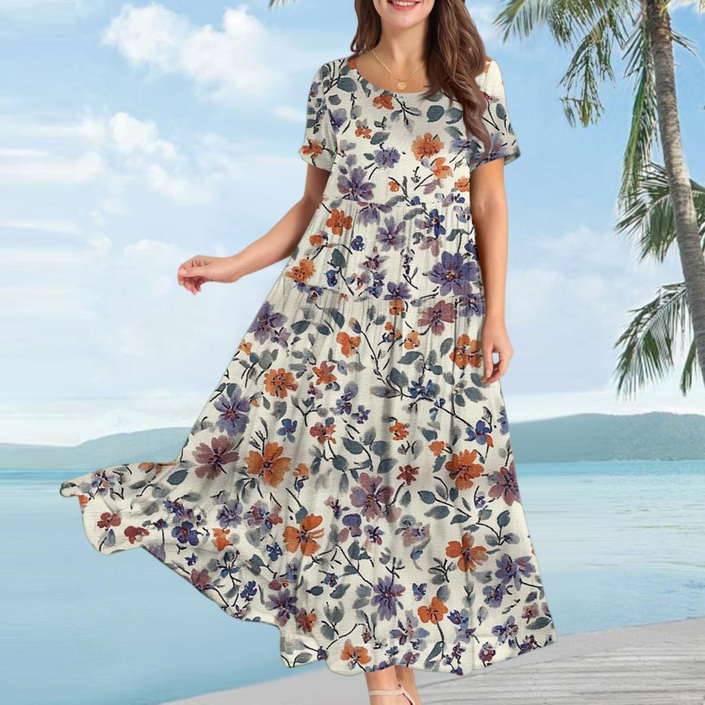 Women's Casual Loose Bohemian Floral Print Short Sleeve Dress