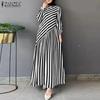 Women Casual Round Neck Long Sleeve Loose Retro Stripe Print Long Dress