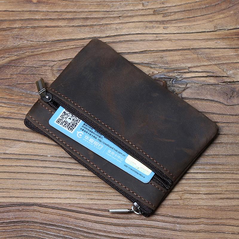 NZPJ Men's Real Leather Card Bag Vintage First Layer Cowhide Lady's Change Purse Zipper Wallet Key Bag Driver's License Bag