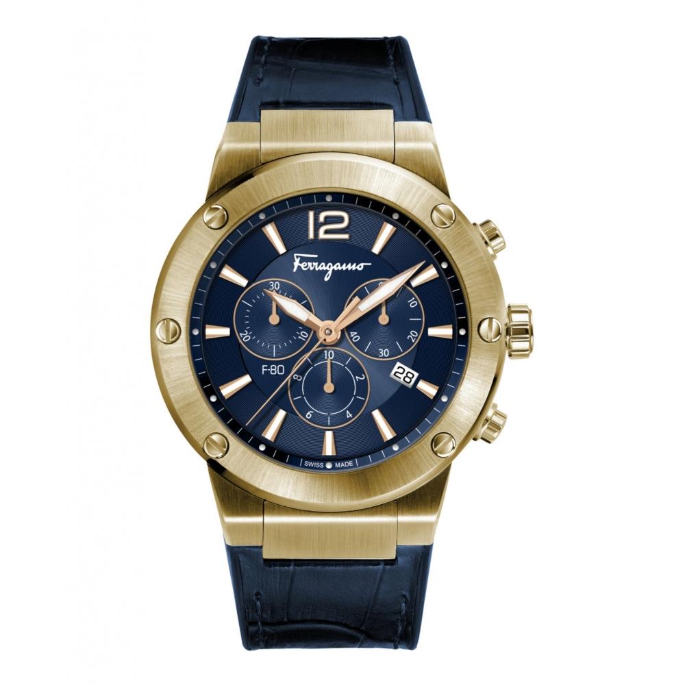 

Salvatore Ferragamo Chrono Leather Watch Blue Gold Blue