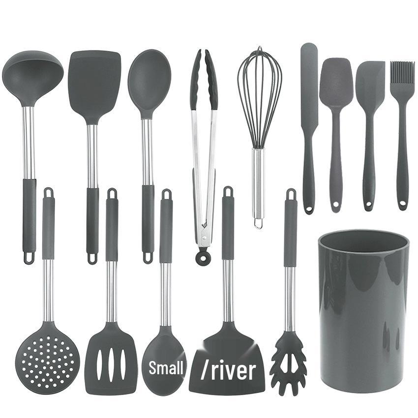 Black Stainless Steel & Silicone Handle 15-Piece Kitchen Utensil Set with Storage Bucket