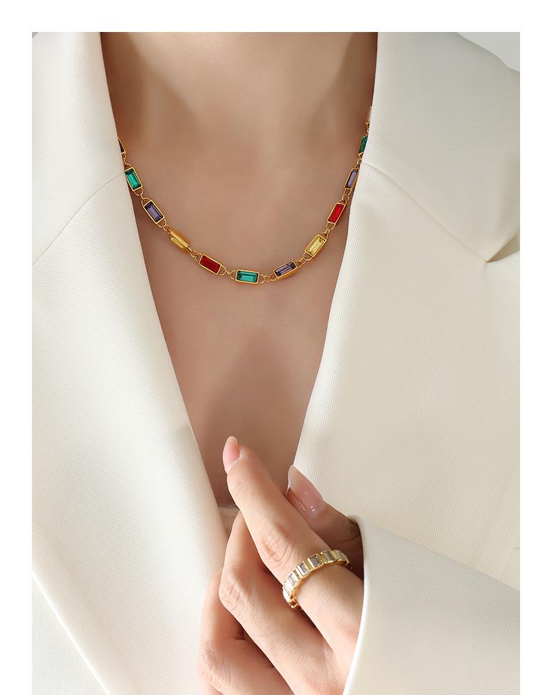 Colorful Retro Rhinestone Patchwork Necklace & Colorfast Bracelet - Simple Titanium Steel Dopamine Jewelry