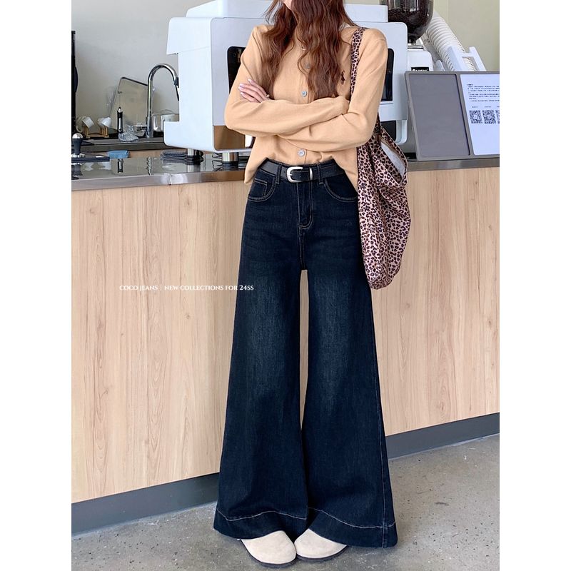 

Kumikumi American vintage Distressed Washed Blue Jeans Women Autumn High Waist Slimming Wide Leg Pants Mopping Pants Blue XL