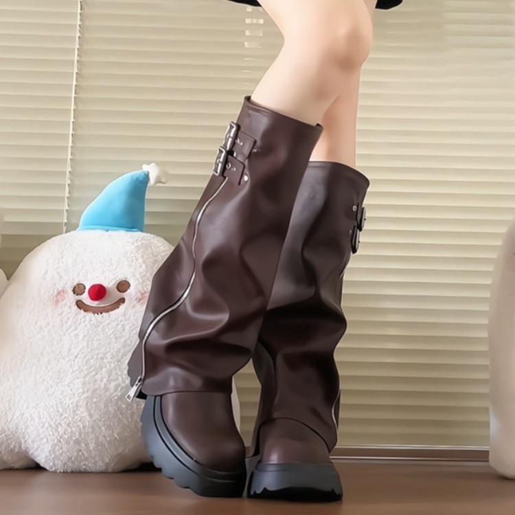 Yueyu großköpfige Hosenstiefel Blockabsatz Damen 2025 Herbst und Winter dicksohlige erhöhende Westernstiefel aber kniehohe Reiterstiefel