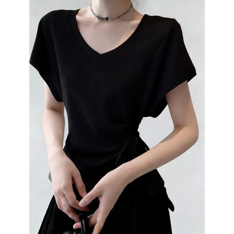 

Women s Pure Cotton Tie-Up V-Neck Short-Sleeve Cropped T-Shirt - Korean Summer Style Medium чёрный