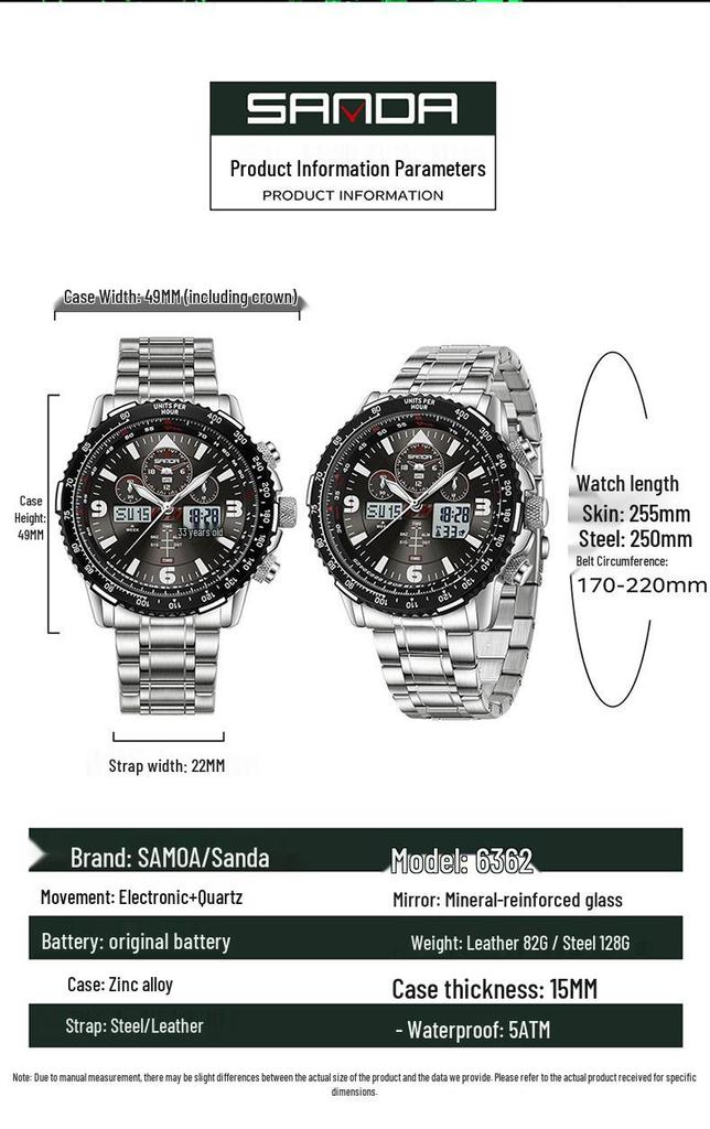 Orologio da polso da uomo Sanda a doppio movimento con display a tre finestre, multifunzioni, cinturino in pelle e acciaio e funzione impermeabile.