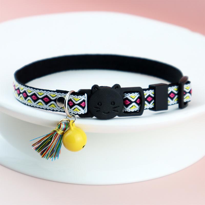 Pet Cat Collar Bell Tassel Colorful Rhombus Ethnic Style Pet Collar Adjustable Cat Collars for Kitten and Puppy Pet Accessories