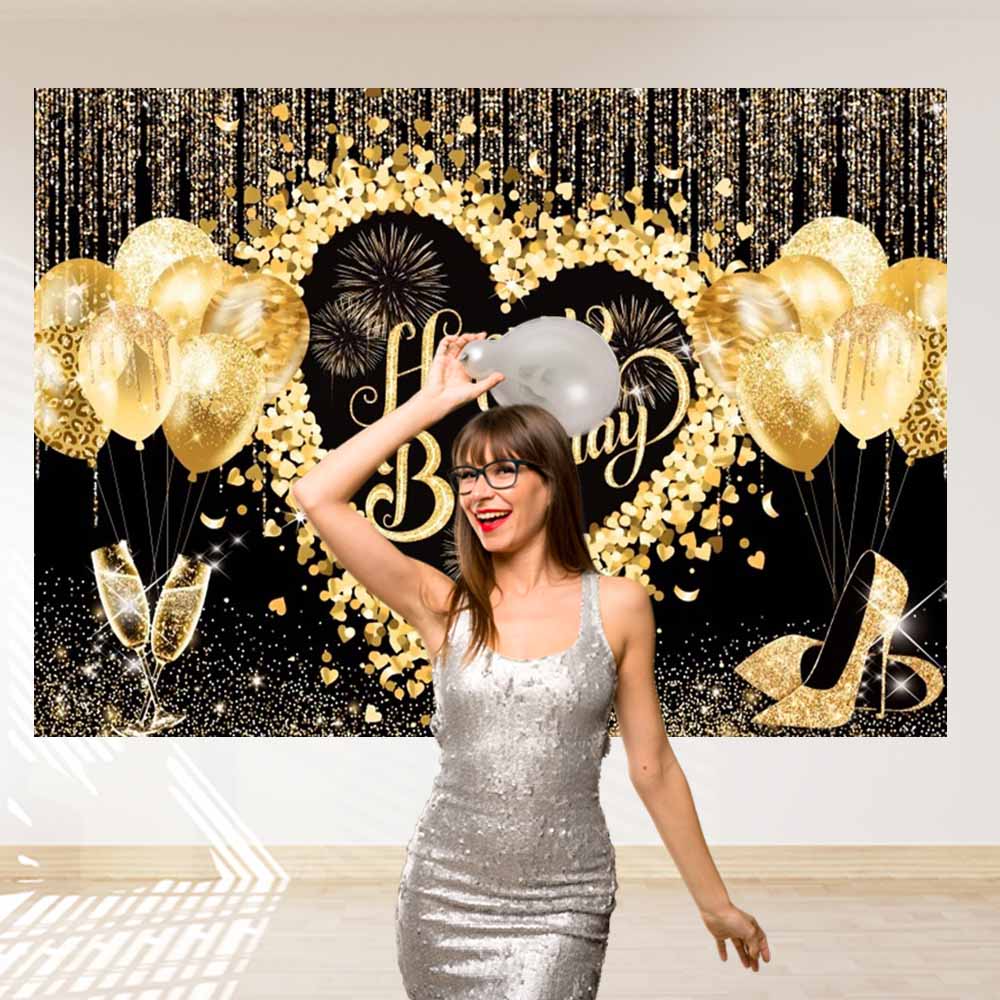 Black Gold Adult Birthday Background, Gold Glitter Balloon, Party, Family Portrait, Photo, Backdrop, Birthday Decoration, Banner