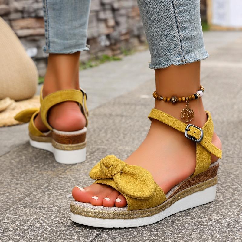 2025 Summer New Bow Wedge Heel Sandals New Fashion Platform Thick Bottom Sandals Buckle Casual Comfortable Sandals for Shoes