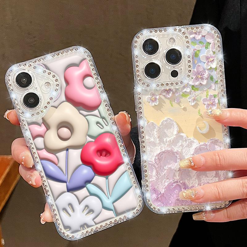Crystal Diamond Oil Painting Flower Clear Case For iPhone 16e 16 14 15 Pro Max 13 12 Pro Max 11 Soft Silicone Phone Cover Coque
