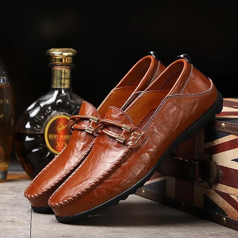 Fashion Men's Shoes Spring/Summer Cowhide Casual Shoes Men's English Lazy Leather  Soft Leather Flat Bottom Doug  Loafers Men