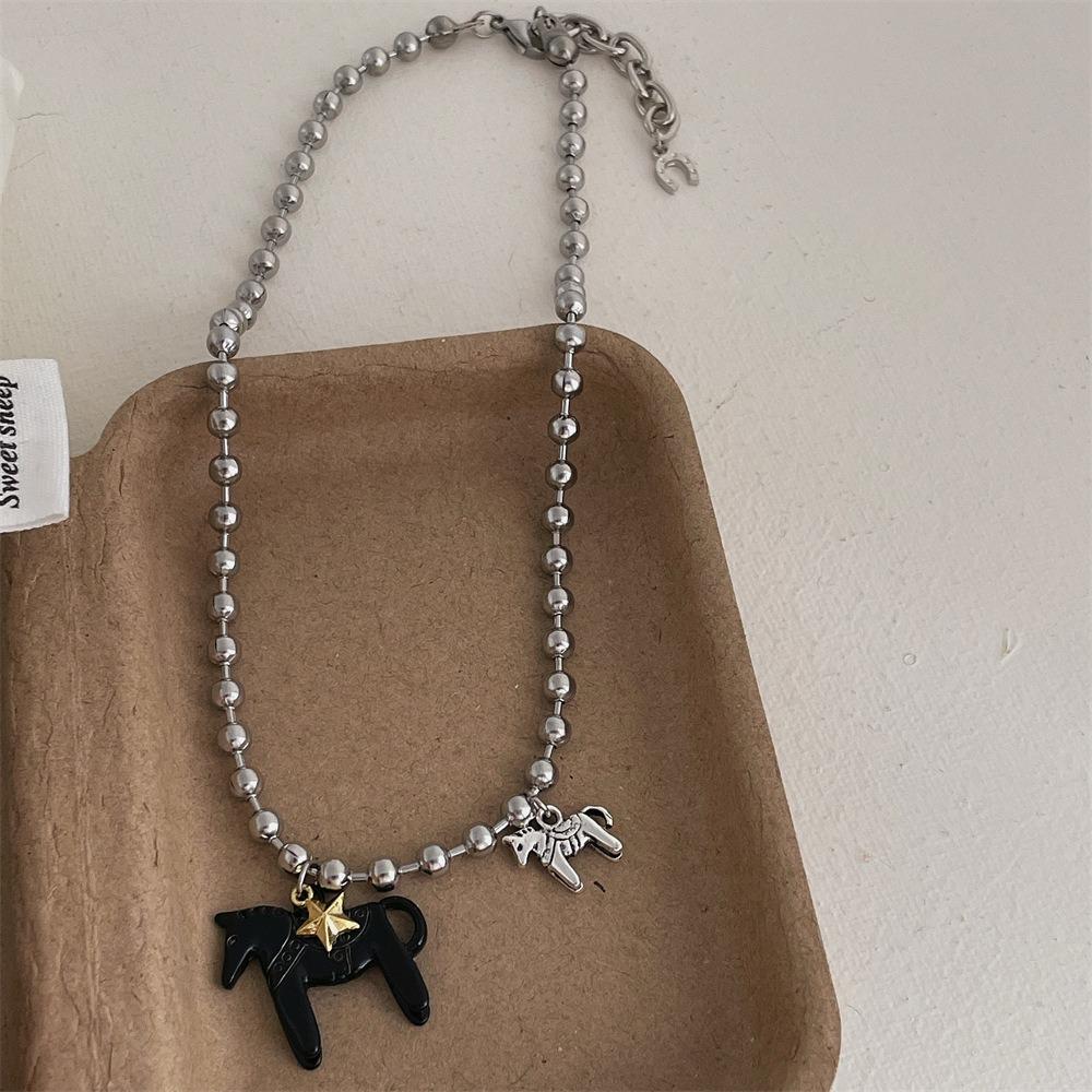 Alloy Horse Pendant Necklace Silver Plated Enamel Pendant Necklace Beads Neck Chain  for Women