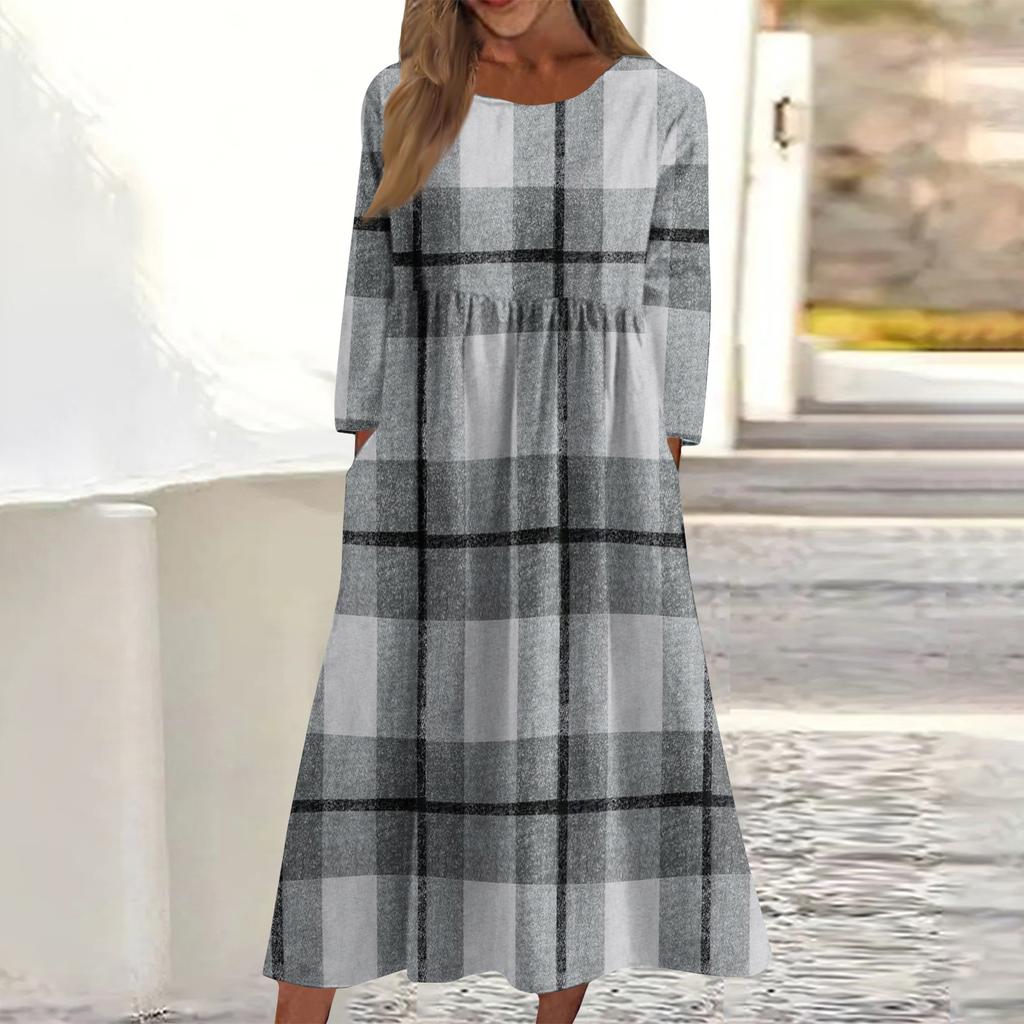 Women's Casual Round Neck Plaid Print Midi Dress Long Sleeve Pocket Dress
