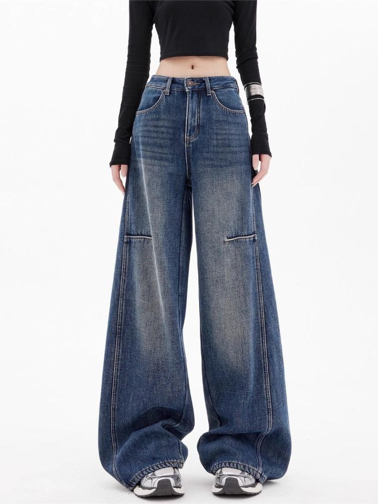 

American 2000s Retro Ripped Basic Jeans Women Spring Fashion Design Sense Loose Mopping Wide Leg Sickle Pants Korea Casual High Waisted Baggy Pants 3XL синій