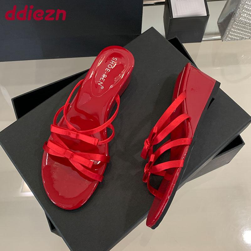 Fashion Fashion Butterfly-Knot Women Wedges Slippers Spring Summer Round Toe Ladies Heeled Slippers Shoes Female Slides Sandals Pumps