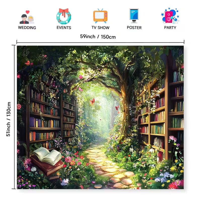 2D Fairy Tale Enchanted Bookshelf Forest Tapestry, Wall Decor for Wedding & Events