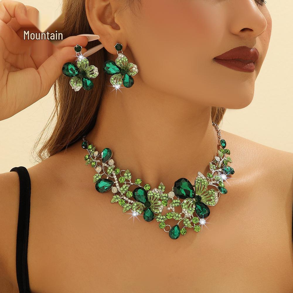 European & American Crystal Gemstone Floral Necklace & Earring Set - Colorful Evening & Bridal Accessories