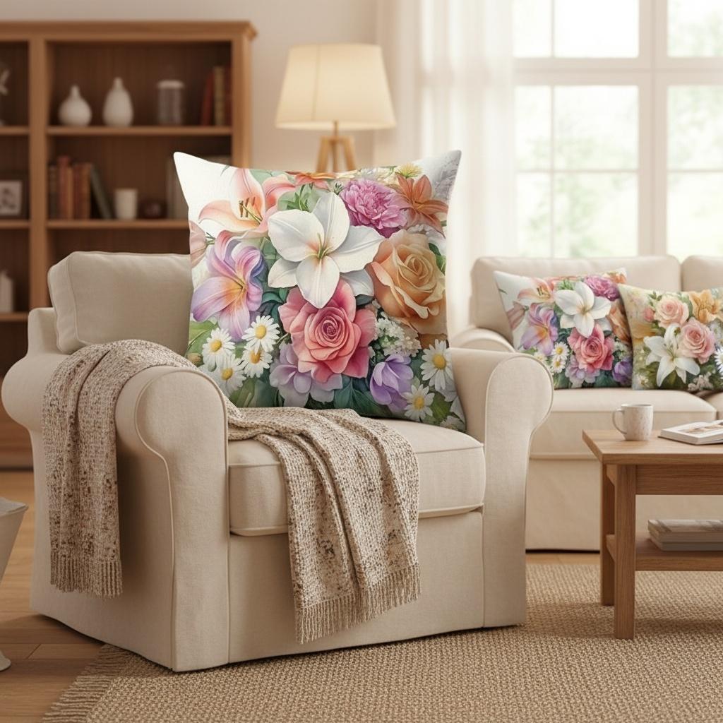 Spring Mixed Flower Bouquet Throw Pillow Covers, Vibrant Lily, Rose, Tulip & Daisy Print Cushion Cases, Fresh Floral Home Decor
