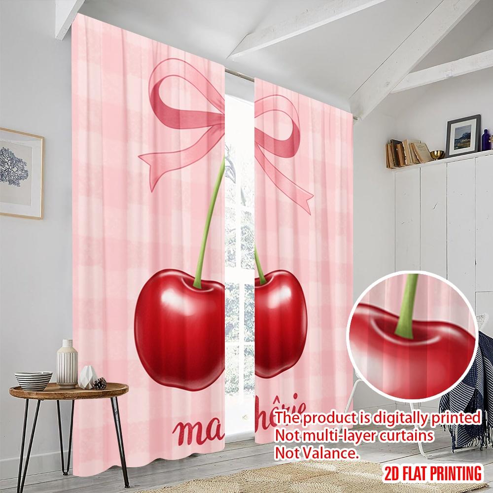 2 Stück 2D-Flachdruck Fenstergardinen Niedliche Kirschband-Illustration Stoff Ohne Strom Festliche Wanddekoration für Feiertage