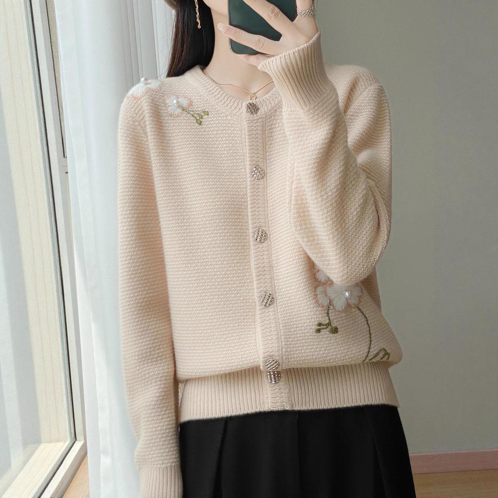 Women's Round Neck Wool Knit Cardigan - Autumn/Winter Handmade Embroidered Cashmere Coat, Thickened Long Sleeve Waffle Design