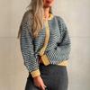 Women S Color Block Striped Crew Neck Button Up Loose Knit Cardigan