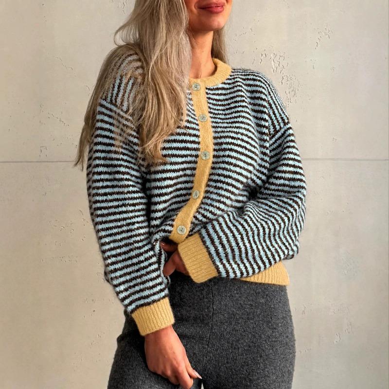 Women S Color Block Striped Crew Neck Button Up Loose Knit Cardigan
