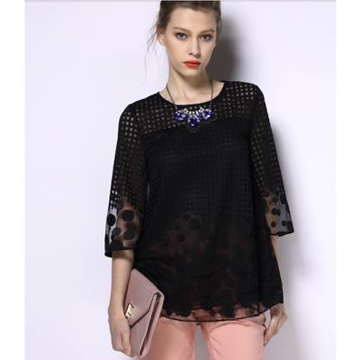 Summer Plus Size Three Quarter Sleeves O Neck Loose Women's Top Mesh Dot Lace Shirts Black Blouse Shirt Lace Women Clothes
