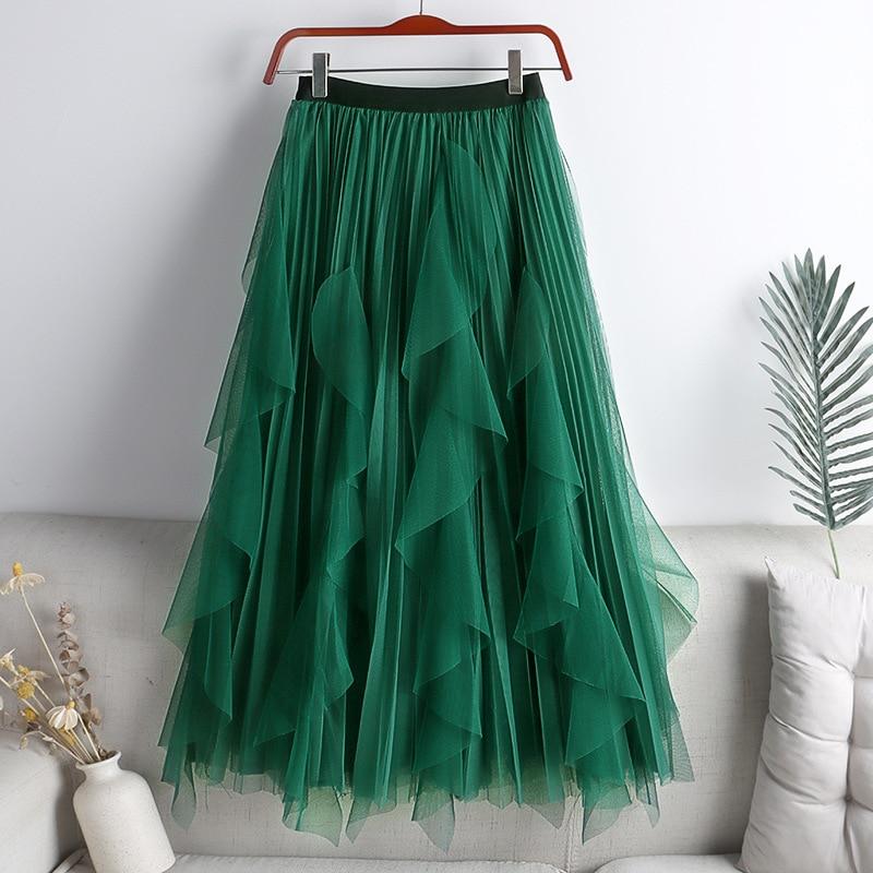 Qooth Summer Long Maxi Skirt Women FCute High-waisted Pleated Kawaii Tulle Skirt Mesh Gauze