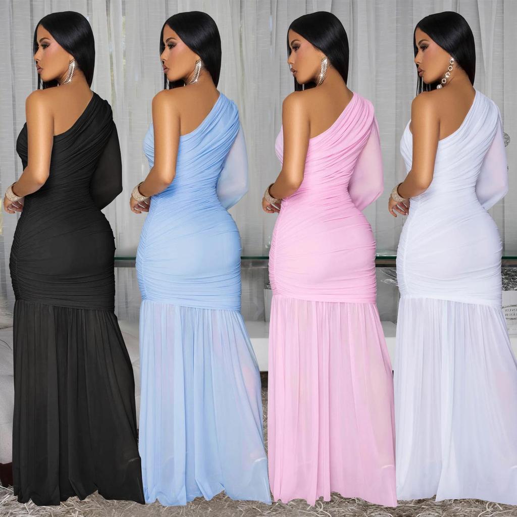 C7500 Fashionable Off-the-Shoulder Mesh Dress for Women In Europe and America - New High-End Style