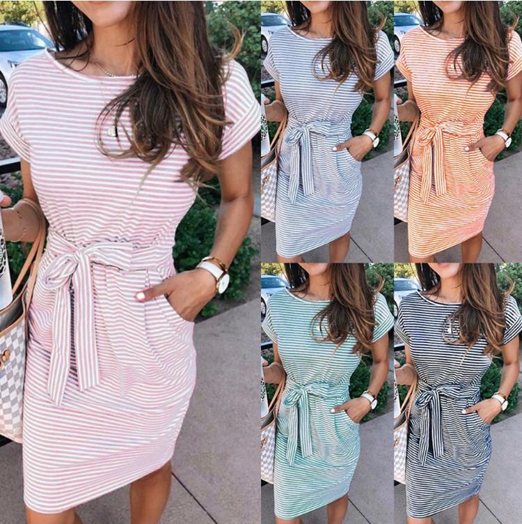 

O Neck Short Sleeve Sashes Pocket Sundress Cotton Summer Loose Midi Casual Stripe Women Tshirt Dress Plus Size