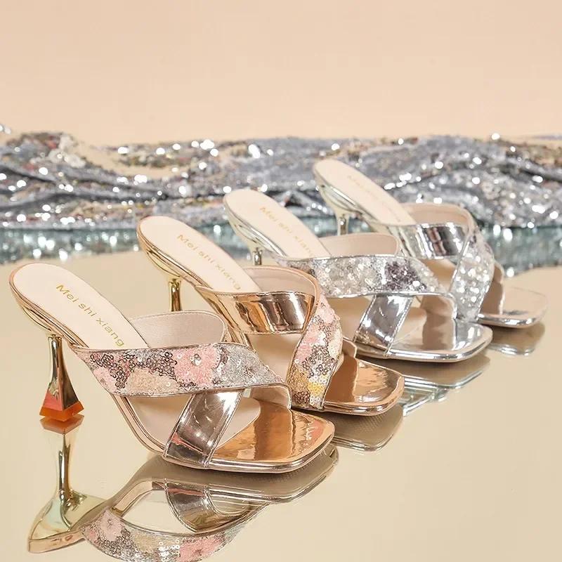 Summer Women's Shoes High Heel Sandals Women's Square Toe Crystal Sandals Women's Ankle Strap Stiletto Party Heels Slippers