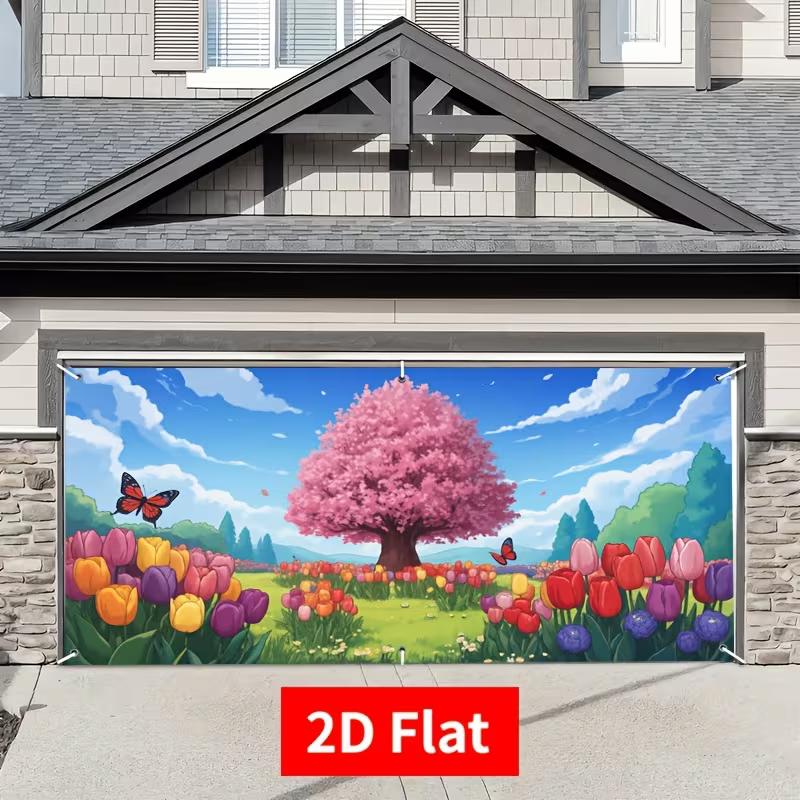 

2D Butterfly Tulip Garden Garage Door Backdrop Spring Floral Tree Banner for Home 47.2x31.5inch/120*80cm